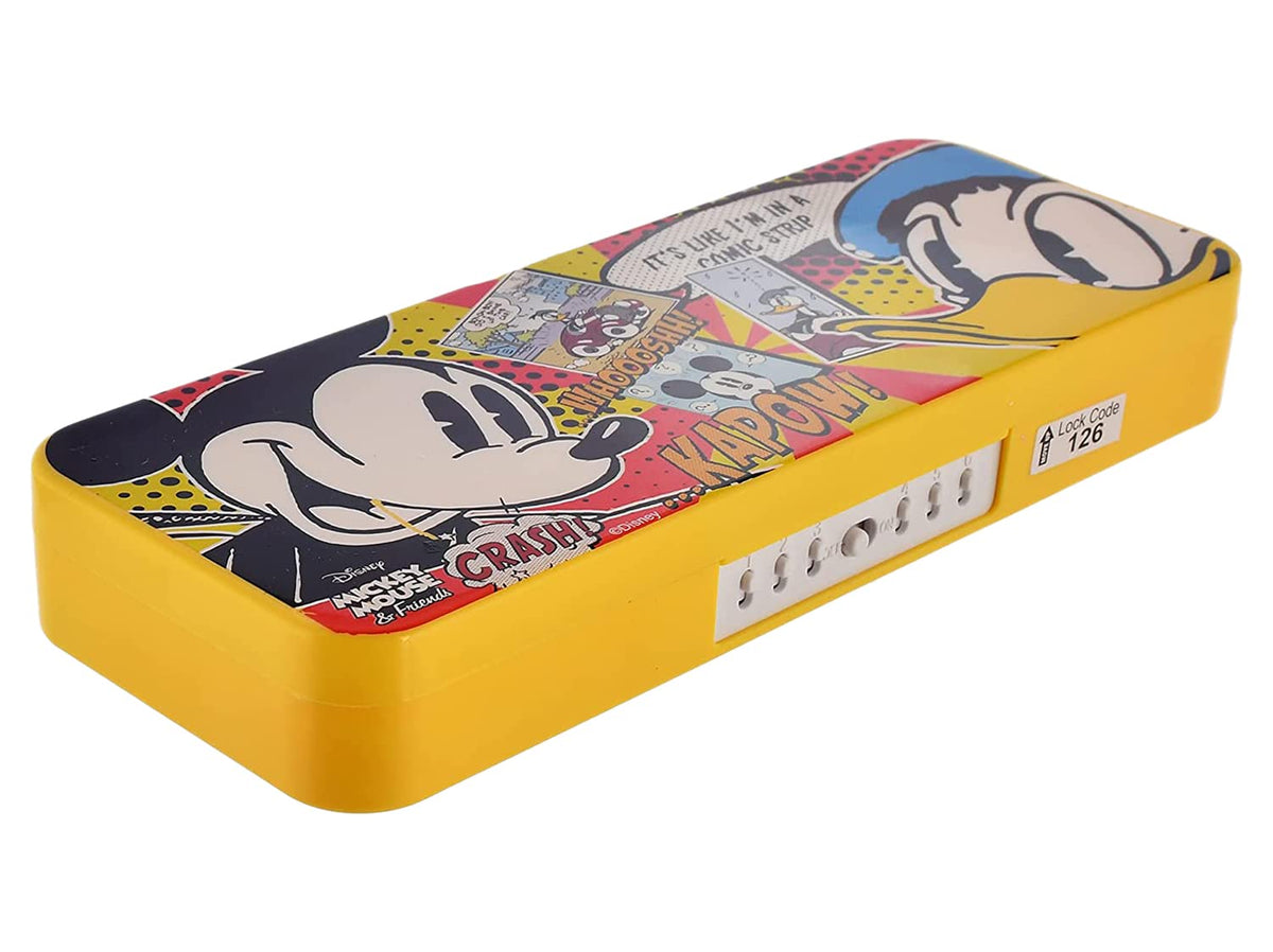 Kuber Industries Mickey Mouse & Friends Printed Plastic Pencil Box with Number Lock Passward & Accessories (Yellow)-50KM01273