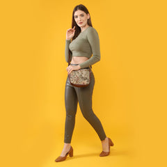 THE CLOWNFISH Garnet Series Printed Handicraft Fabric & Tapestry Crossbody Sling Bag for Women Ladies Single Shoulder Bag Shoulder Belt (Flax)