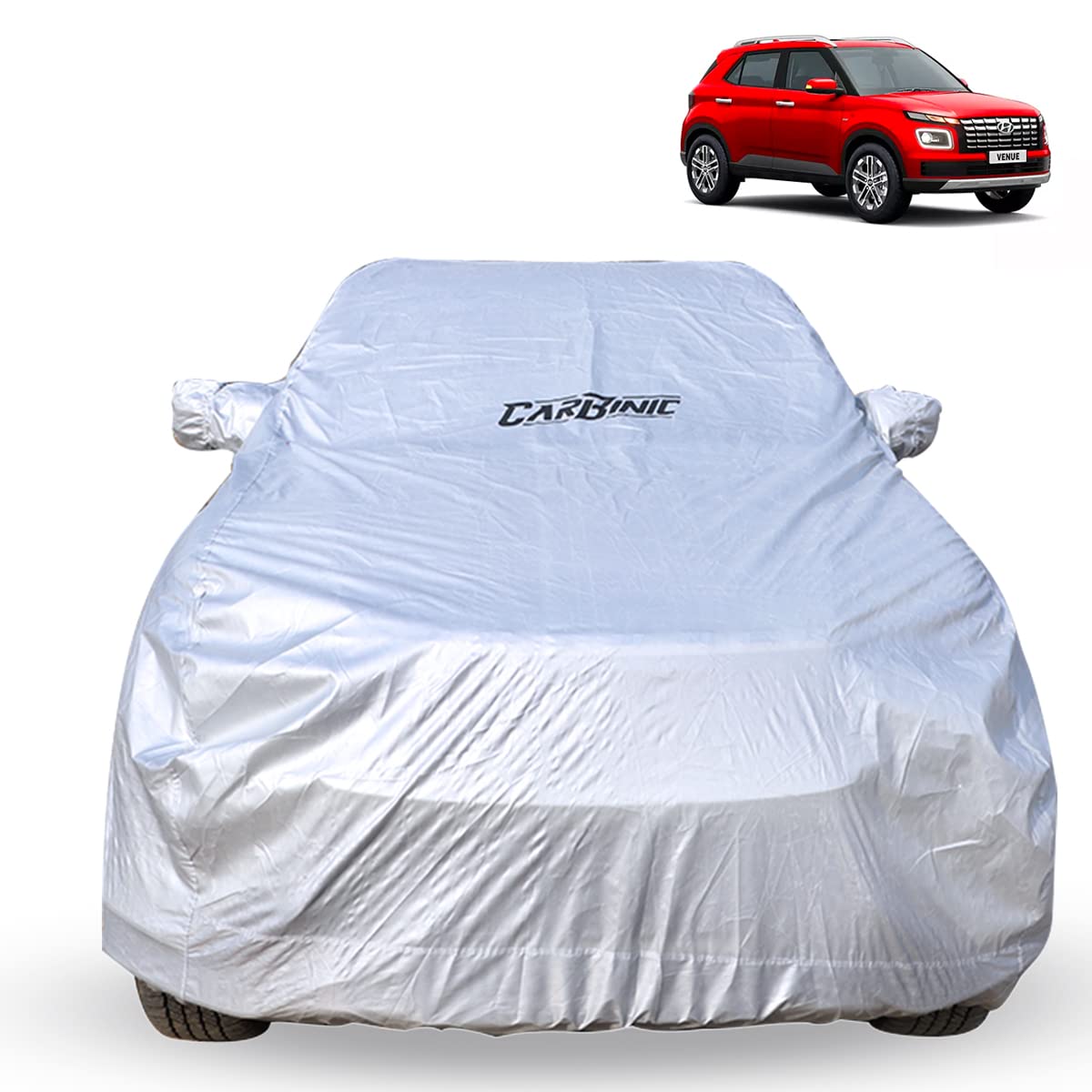 CarBinic Car Cover for Hyundai Venue 2019 Waterproof (Tested) and Dustproof Custom Fit UV Heat Resistant Outdoor Protection with Triple Stitched Fully Elastic Surface | Silver with Pockets