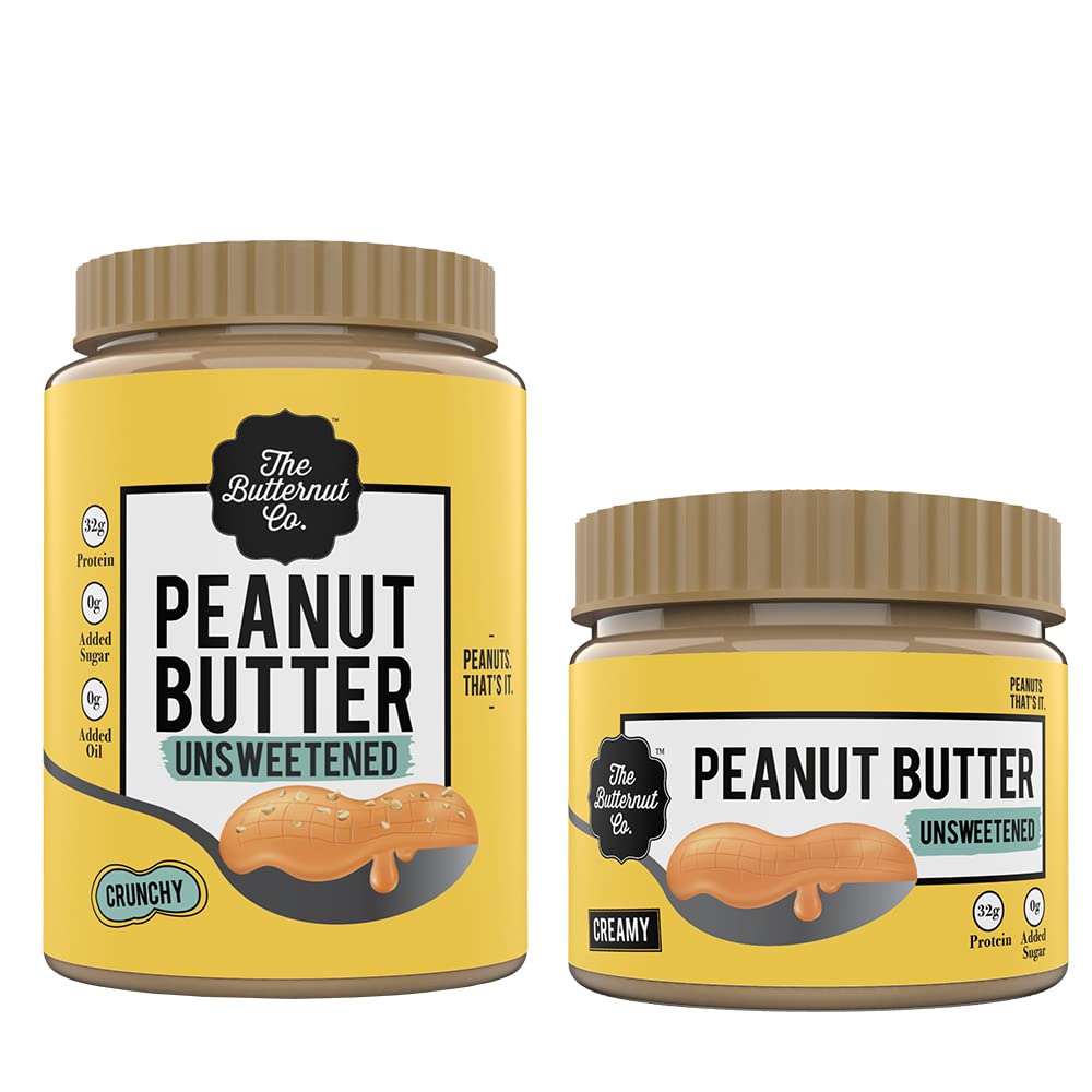 The Butternut Co. Natural Peanut Butter (Crunchy) 1kg & Natural Peanut Butter (Creamy) 340g | Unsweetened | 32g Protein | No Added Sugar | 100% Peanuts | No Salt | High Protein Peanut Butter