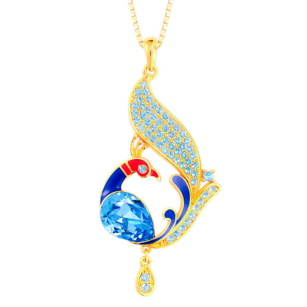 Yellow Chimes Crystals from Swarovski Blue Crystal 22K Real Gold Plated Peacock Pendant for Women and Girls