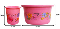 Kuber Industries Printed 2 Pieces Plastic Bathroom Dustbin & Tub Set (Pink)