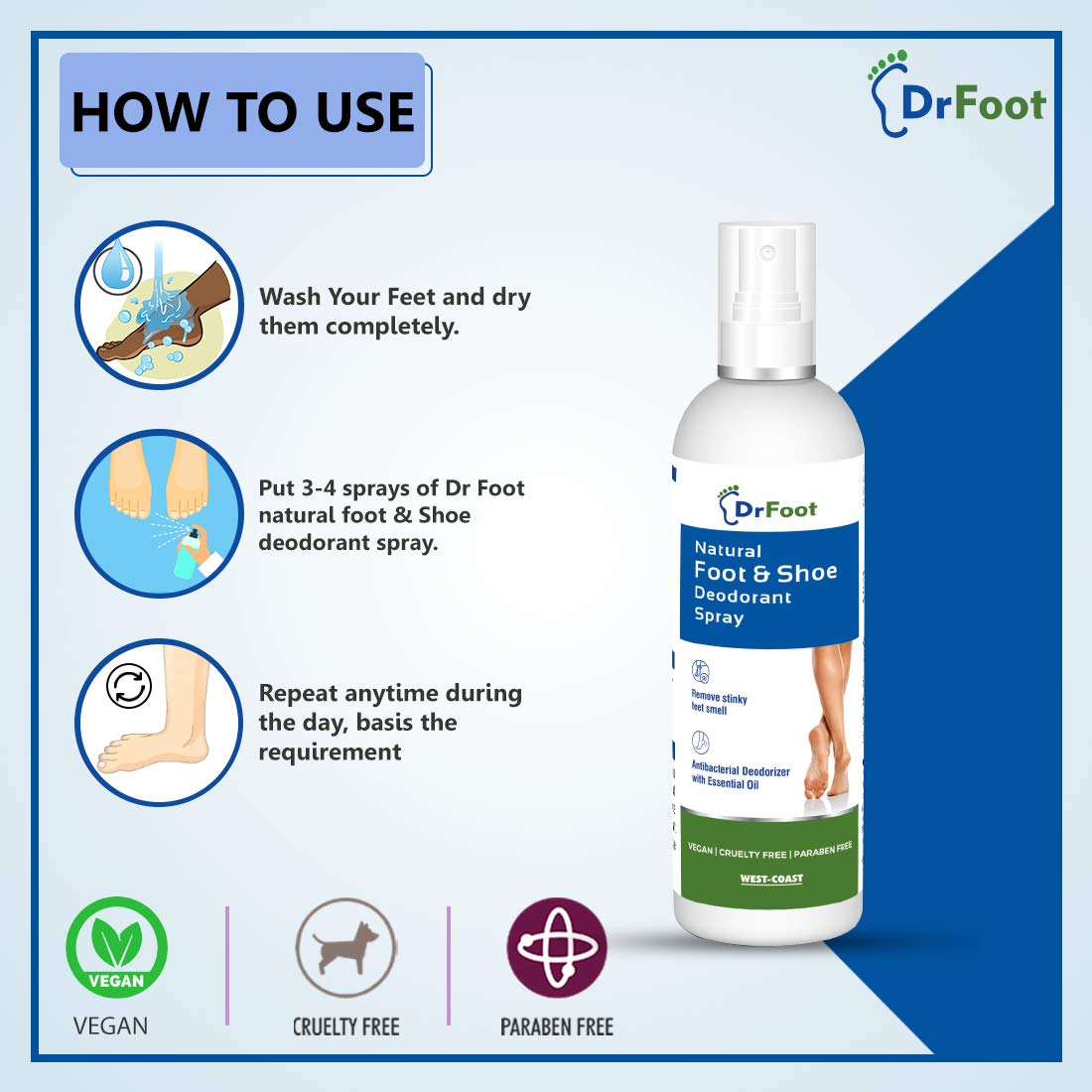 Dr Foot Natural Foot Sanitizer & Shoe Deodorant Spray with Essential Oils & Enzymes to Kill Foot Odor, Shoe Odor Eliminator, Foot Care for Smelly Feet Spray and Dry Skin for Unisex, 100ml