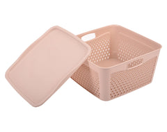 Kuber Industries Netted Design Unbreakable Multipurpose Square Shape Plastic Storage Baskets with lid Large Pack of 3 (Beige)