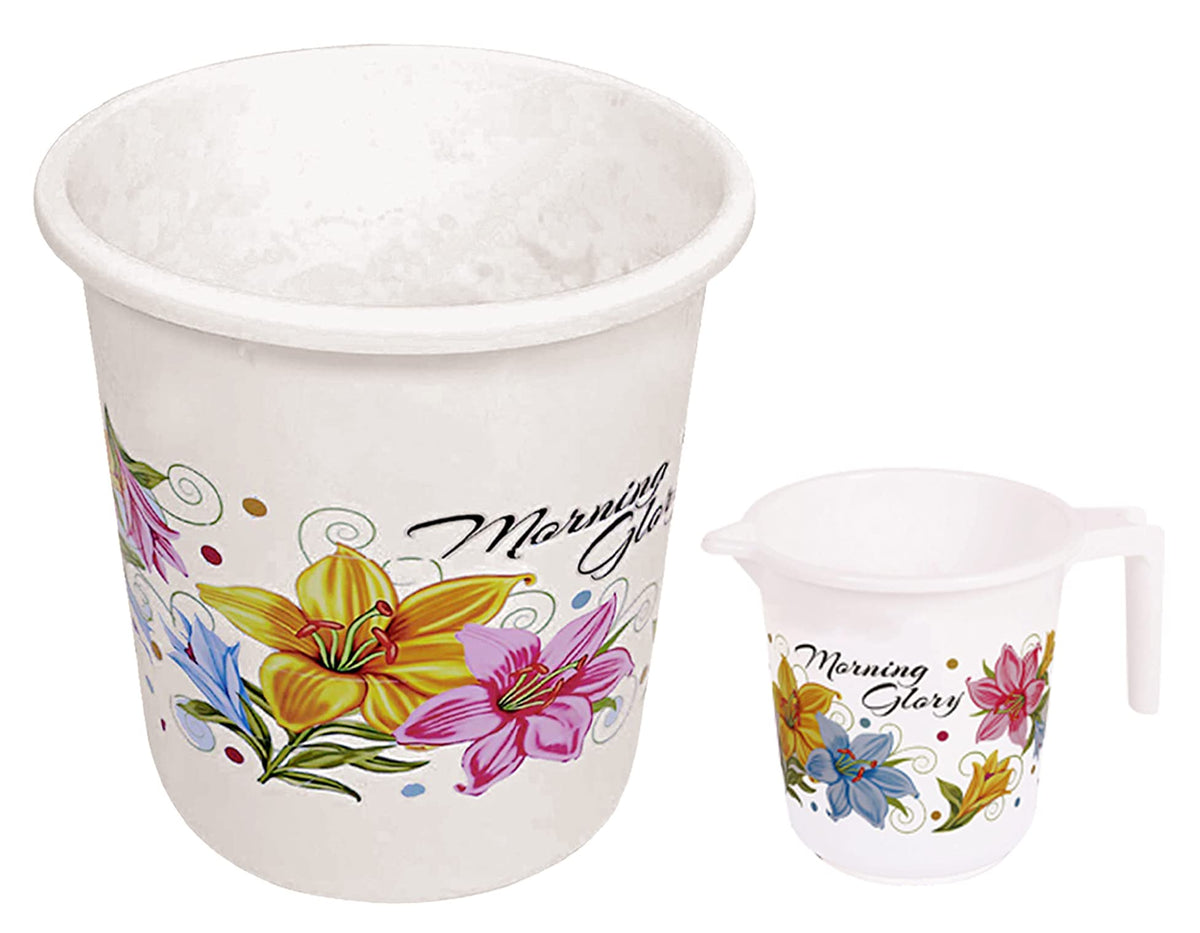 Kuber Industries Printed 2 Pieces Plastic Bathroom Dustbin & Mug Set (White)