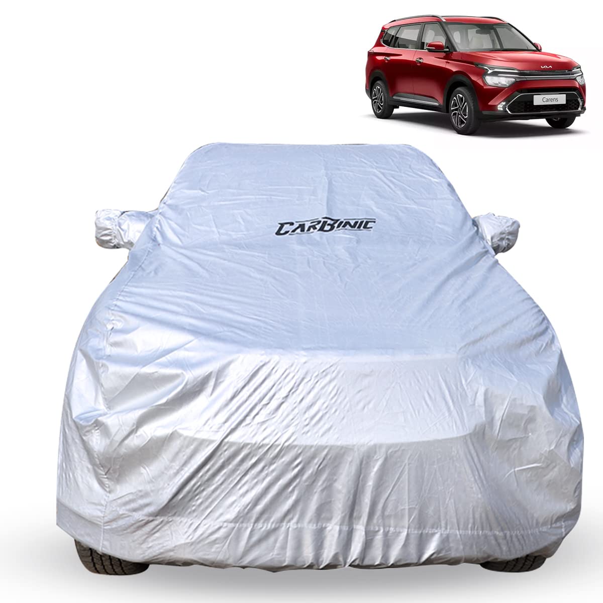 CARBINIC Car Body Cover for KIA Carens 2022 | Water Resistant, UV Protection Car Cover | Scratchproof Body Shield | Dustproof All-Weather Cover | Mirror Pocket & Antenna | Car Accessories, Silver