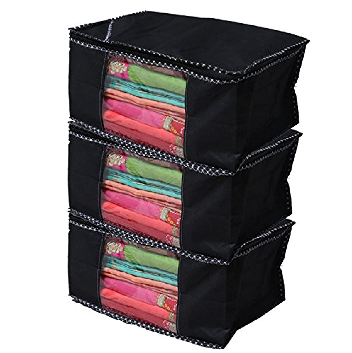 Kuber Industries Non Woven Saree Cover|Solid Color Foldable Material|Zipper Closure & Transparent Window|Pack of 3 (Black)