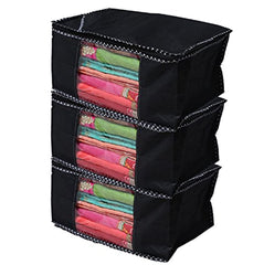 Kuber Industries Non Woven Saree Cover|Solid Color Foldable Material|Zipper Closure & Transparent Window|Pack of 3 (Black)