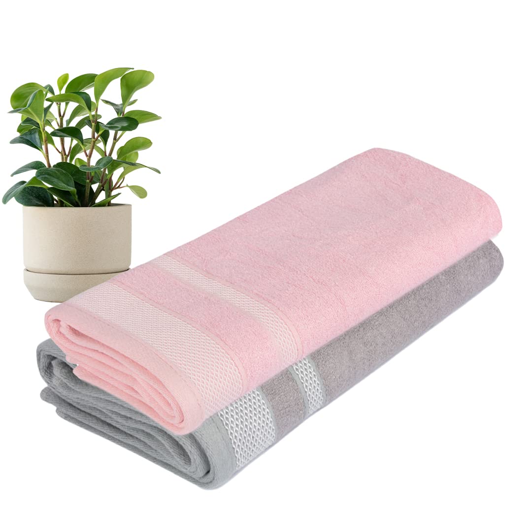 BePlush Zero Twist Bamboo Towels for Bath Large Size | Ultra Soft, Highly Absorbent,Quick Dry, Anti Bacterial Bamboo Bath Towel for Men & Women || 450 GSM, 29 x 59 Inches (2, Pink & Grey)