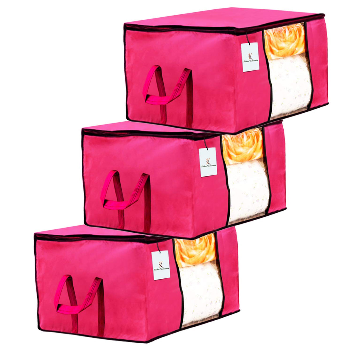 Kuber Industries Underbed Storage Bag, Storage Organiser, Blanket Cover Set of 3 - Pink, Extra Large Size