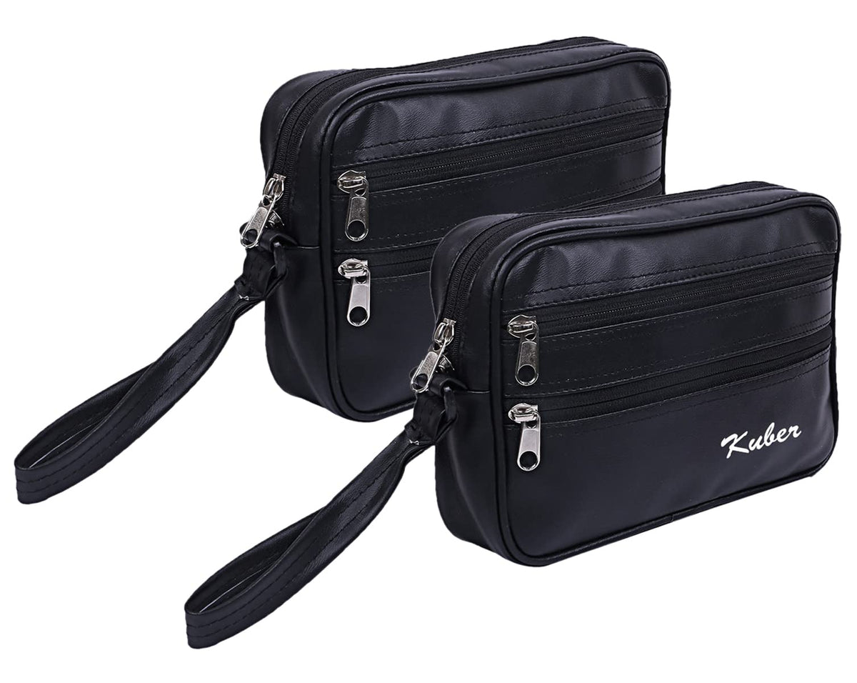 Kuber Industries Multiuses Soft Lether Messenger Bag/Toilerty Bag For Travel, Office, Business Pack of 2 (Black) 52KM4011