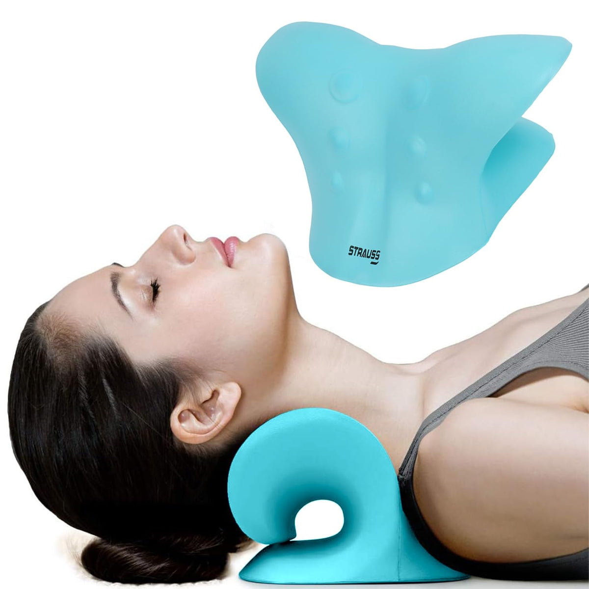 Strauss Neck Support Stretcher | Cervical Pillow | Cervical Traction Device for Relieve in Headache, Muscle Tension, Neck Pain, Shoulder Pain & Spine Alignment | Acupressure Chiropractic Pillow,(Blue)