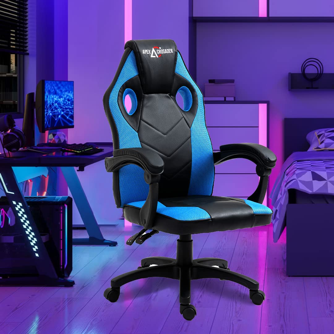 SAVYA HOME Hacker Multi-Functional Ergonomic Gaming/Computer/Home/Office Chair, Premium PVC Fabric Chair with Built-in Lumbar support (Blue)| Apex Crusader Gaming Series (Blue)