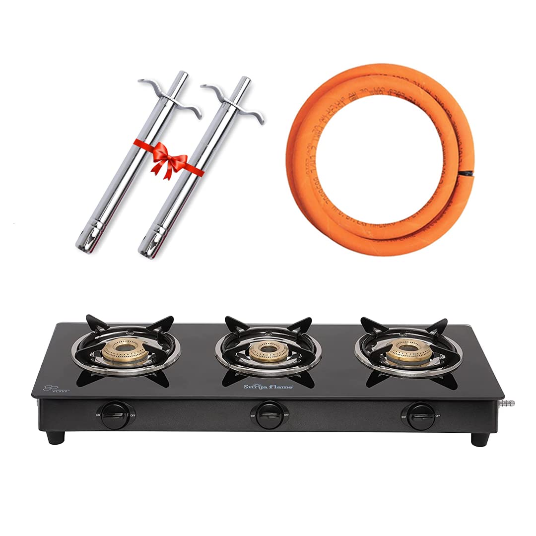 Surya Flame Lifestyle Gas Stove 3 Burners Glass Top LPG Stove | LPG Gas Dual Layer Rubber Hose Pipe 1.5M | Chrome Stainless Steel Gas Lighter (Pack of 2)