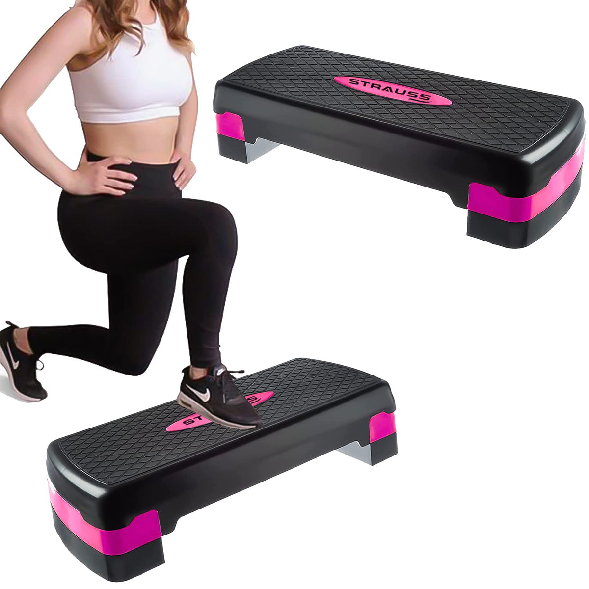 Strauss Aerobic Stepper | Two Height Level Adjustments - 4 inches and 6 inches | Slip-Resistant & Shock Absorbing Platform for Extra-Durability - Supports Upto 200 KG, (Pink)