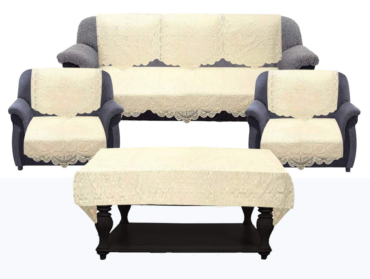 Kuber Industries Self Cotton 5 Seater Sofa Cover with Center Table Cover, 70" x 29", 7 Piece, Cream