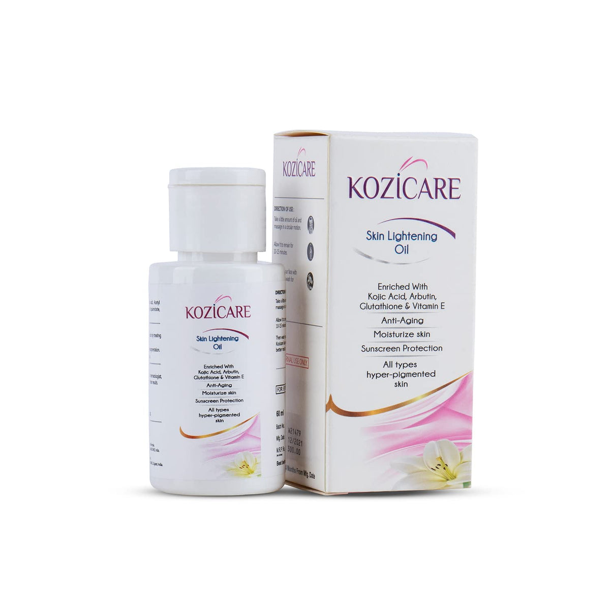 Kozicare Skin Lightening Fairness Oil with 1% Kojic Acid, 1% Glutathione | Helps in Deep Cleaning Action | Reduces Hyperpigmentation | Provides Younger Skin - 60ml (Pack of 2)