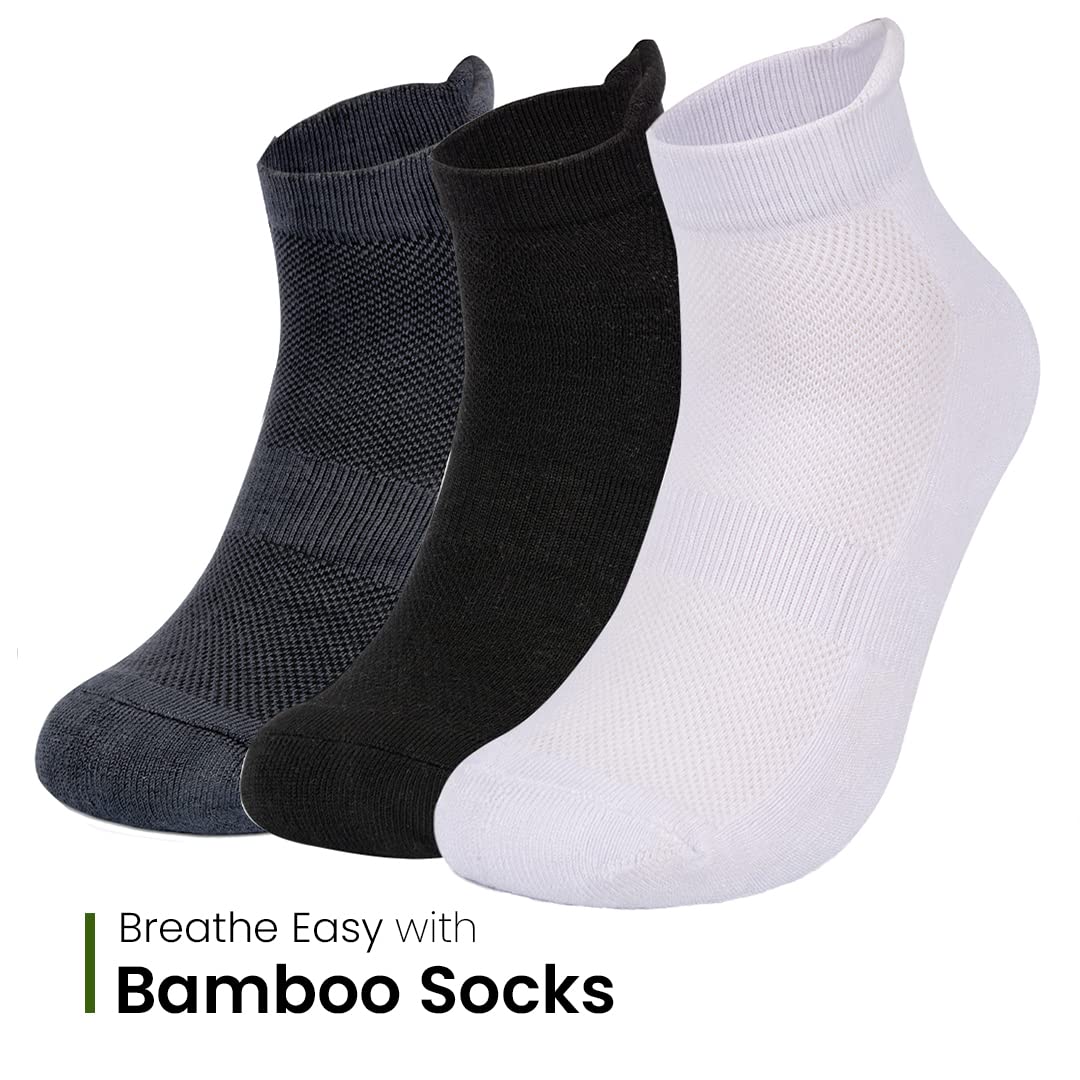 Mush Bamboo Fibre Ultra Soft, Anti Odor, Breathable, Anti Blister Ankle Length Socks for Men & Women for Running, Sports & Gym (Pack of 3) Free Size (Black, Dark Grey, White, 3)