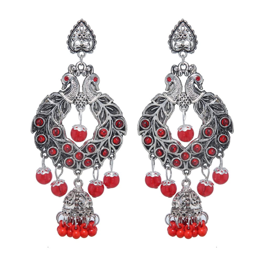 Yellow Chimes Combo of 2 Pairs Ethnic Silver Oxidised Floral Design Beads Studded Stones Chandbali Jhumka Earrings for Women and Girls, red, green, medium (YCTJER-CHNDNGLR-C-RDGR)