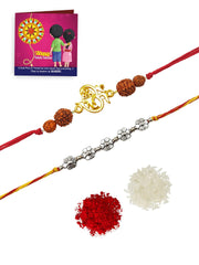 Yellow Chimes Set of 2 Pcs Handmade Dori Worked Silver and Gold Toned OM and Floral Design Rudraksh Rakhi for Brother with Roli & Chawal, Red, Silver, Gold, Medium (YCTJRK-06BHAY-SLGL) for Men