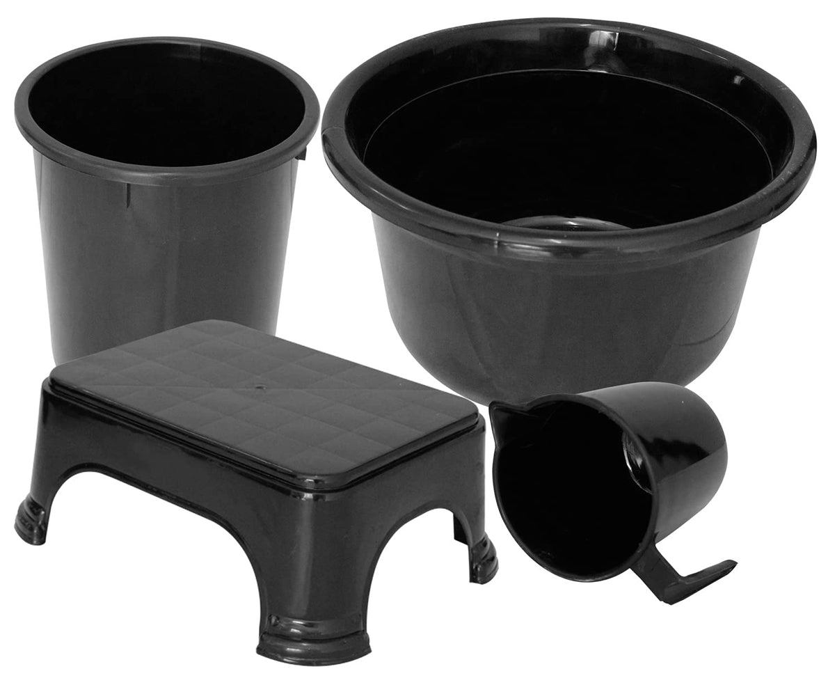 Kuber Industries 4 Pieces Plastic Mug, Stool, Dustbin & Tub Set (Black)