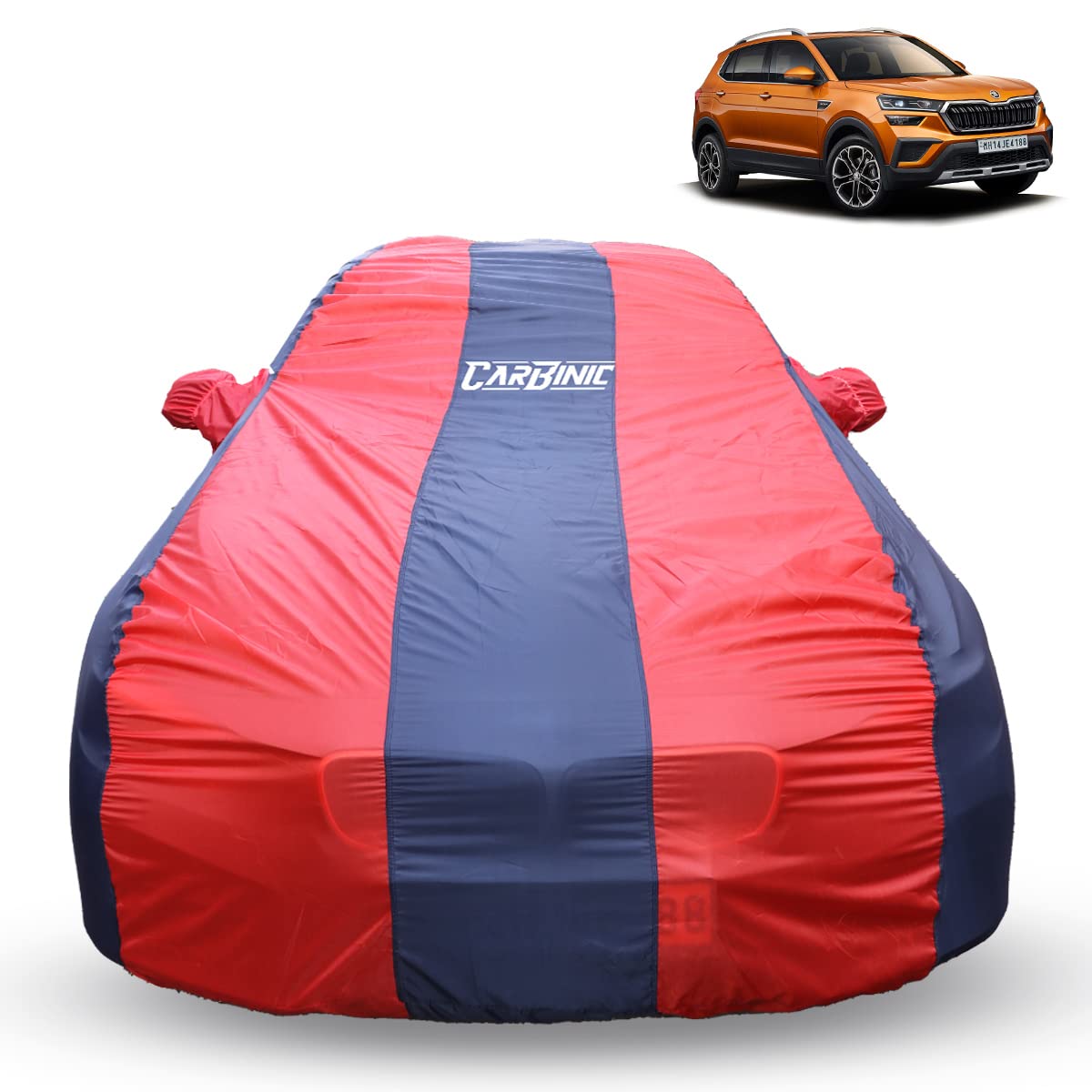 CARBINIC Car Body Cover for Skoda Kushaq 2021 | Water Resistant, UV Protection Car Cover | Scratchproof Body Shield | Dustproof All-Weather Cover | Mirror Pocket & Antenna | Car Accessories, Blue Red