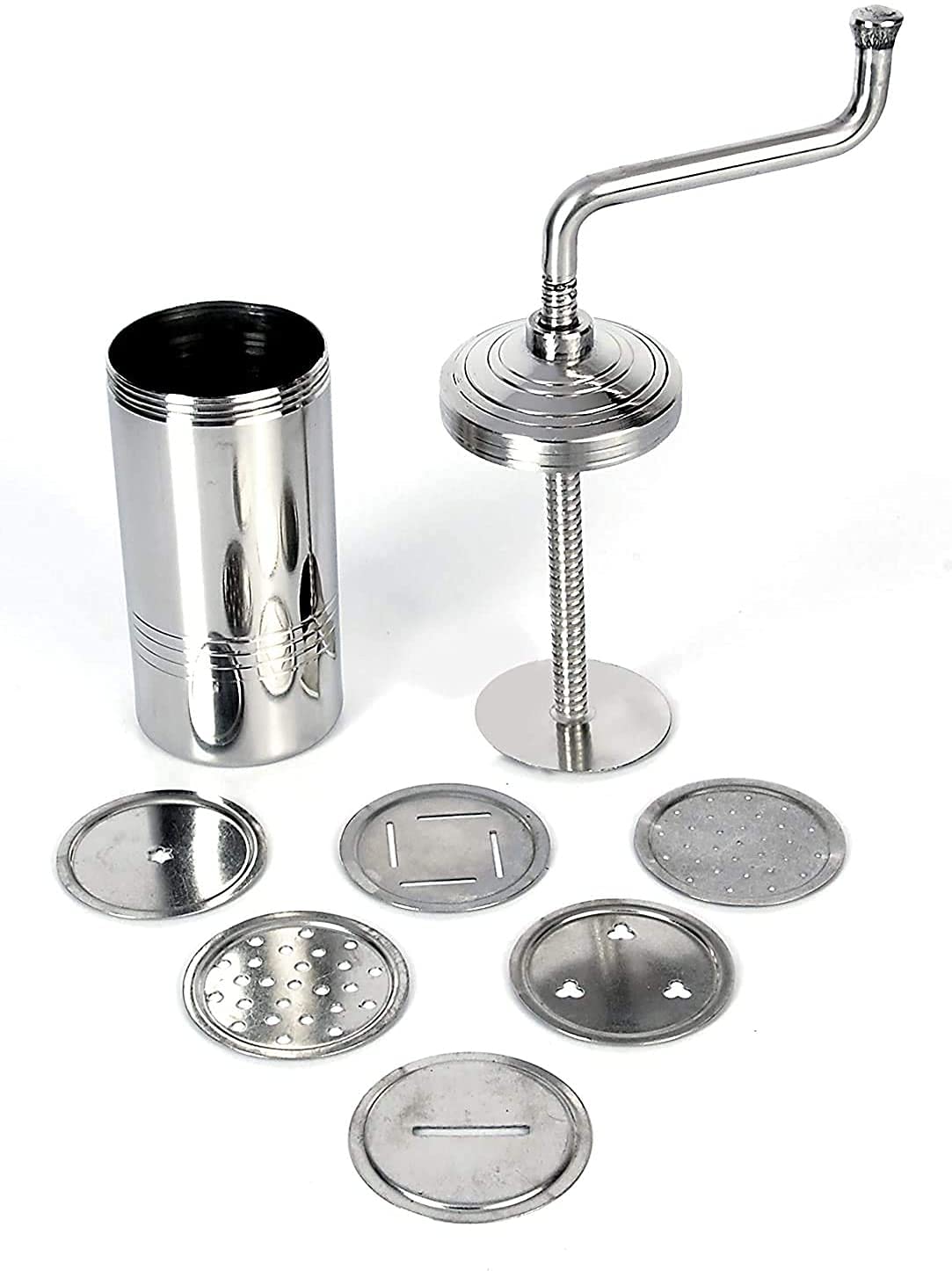 Kuber Industries Stainless Steel with 6 Different Types of Jalies, Bhujiya Maker/Noodles/Cookies/Namkeen/CHakali Maker/Sev Maker/Gathiya Maker (Silver), Standard