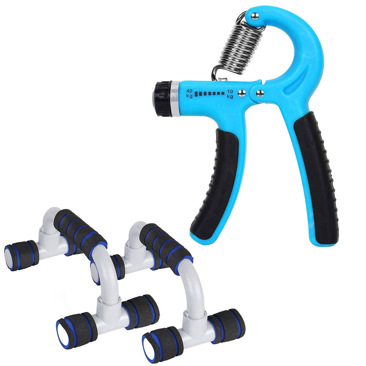 Strauss Adjustable Hand Grip Strengthener (Black/Blue) and Moto Push Up Bar, Pair (Black/Blue)