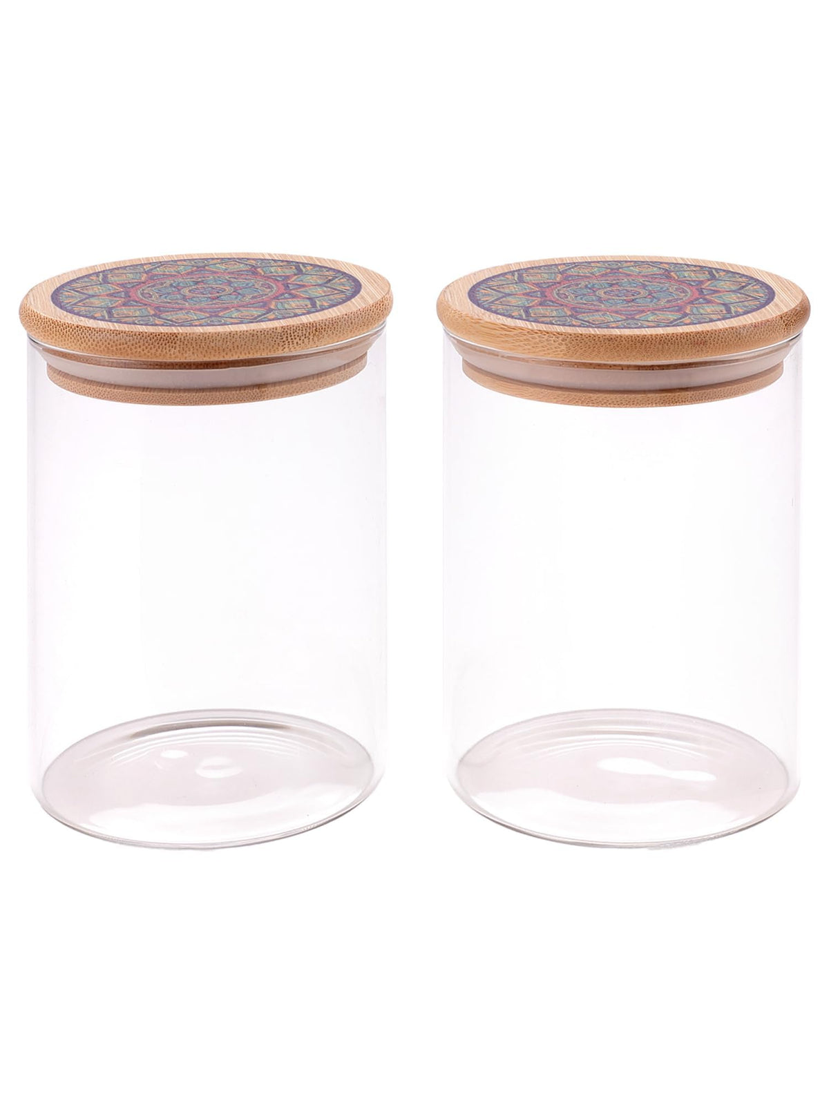 The Better Home UMAI Pack of 2 Borosilicate Jars with Printed Bamboo Lids | 600ml Each Kitchen Containers Set I Airtight Glass Jar for Cookies, Snacks, Spices, Tea, Coffee, Sugar, Dry Fruits