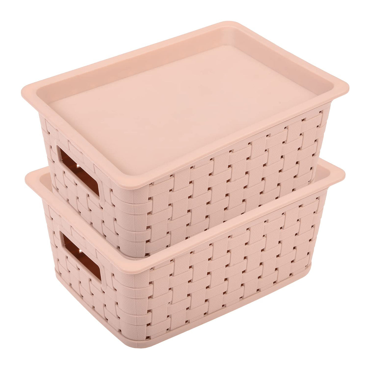 Kuber Industries BPA Free Attractive Design Multipurpose Large Trendy Storage Basket With Lid|Material-Plastic|Color-Beige|Pack of 2