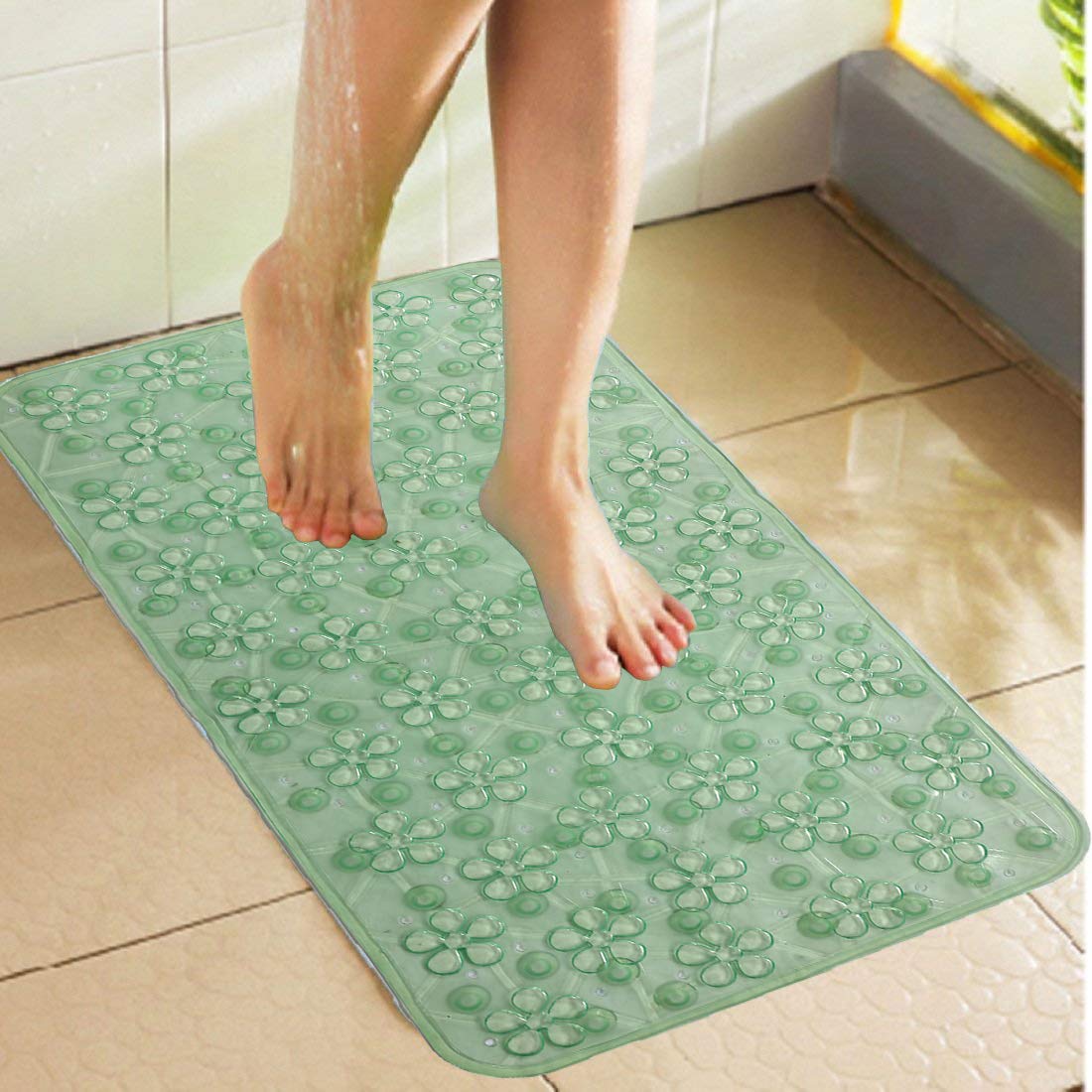 Kuber Industries Flower Design PVC Bathroom Mat with Suction Cups - 28"x15", Green, Standard (CTKTC03795)