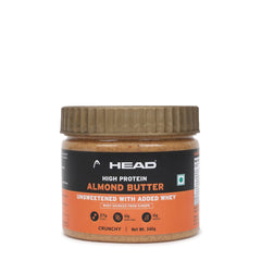 Head Almond Butter with added Whey High Protein Nutbutter (340g, Unsweetened, Crunchy) | 100% Pure Nuts | Protein & Fiber Rich Nutritious Snack
