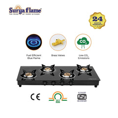 Surya Flame Lifestyle Gas Stove 4 Burners Glass Top | Powder Coted Black Body | LPG Stove with Jumbo Burner | Rust Free With Anit Skid Legs - 2 Years Complete Doorstep Warranty(Pack of 2)