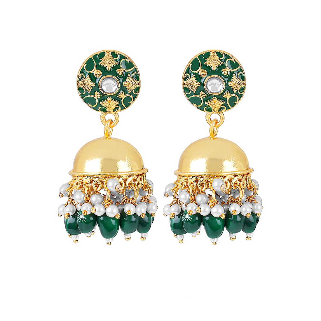 Yellow Chimes Earrings For Women & Girls | Traditional Green Meenakari Jhumka With Hanging Pearls | Gold Plated Jhumkas | Dome Shaped Jhumki Earring | Birthday & Anniversary Gift