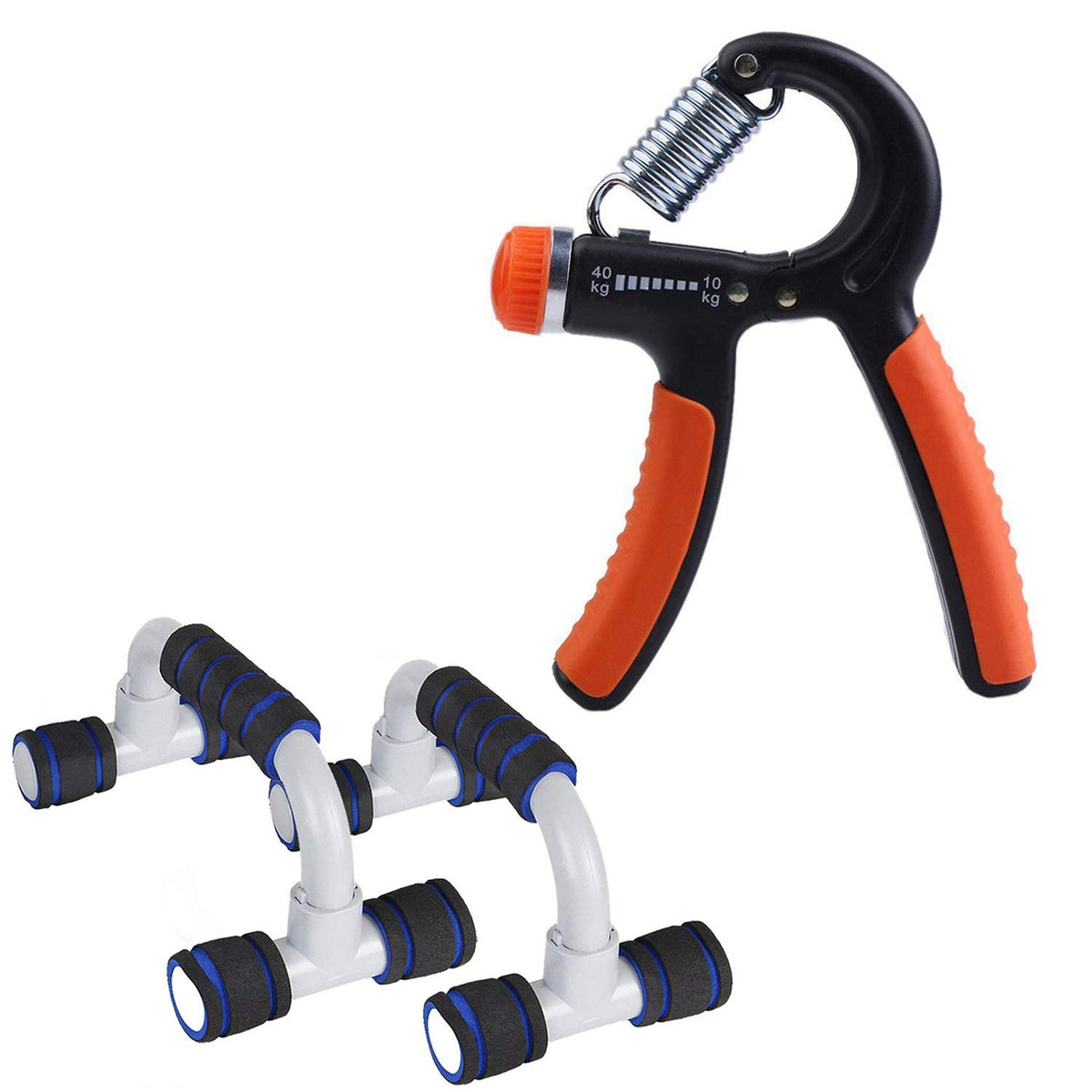 STRAUSS Heavy-Duty Plastic Adjustable Hand Grip Strengthener (Black/Orange) and Moto Push Up Bar, Pair (Black/Blue)