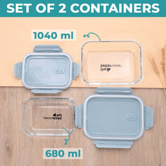 The Better Home Glass Airtight Container Set For Food Storage | Leak Proof | Air Tight Lunch Box for Office, Fridge & School | Durable Borosilicate Glass (680ml+1040ml - Pack of 2 (Blue))