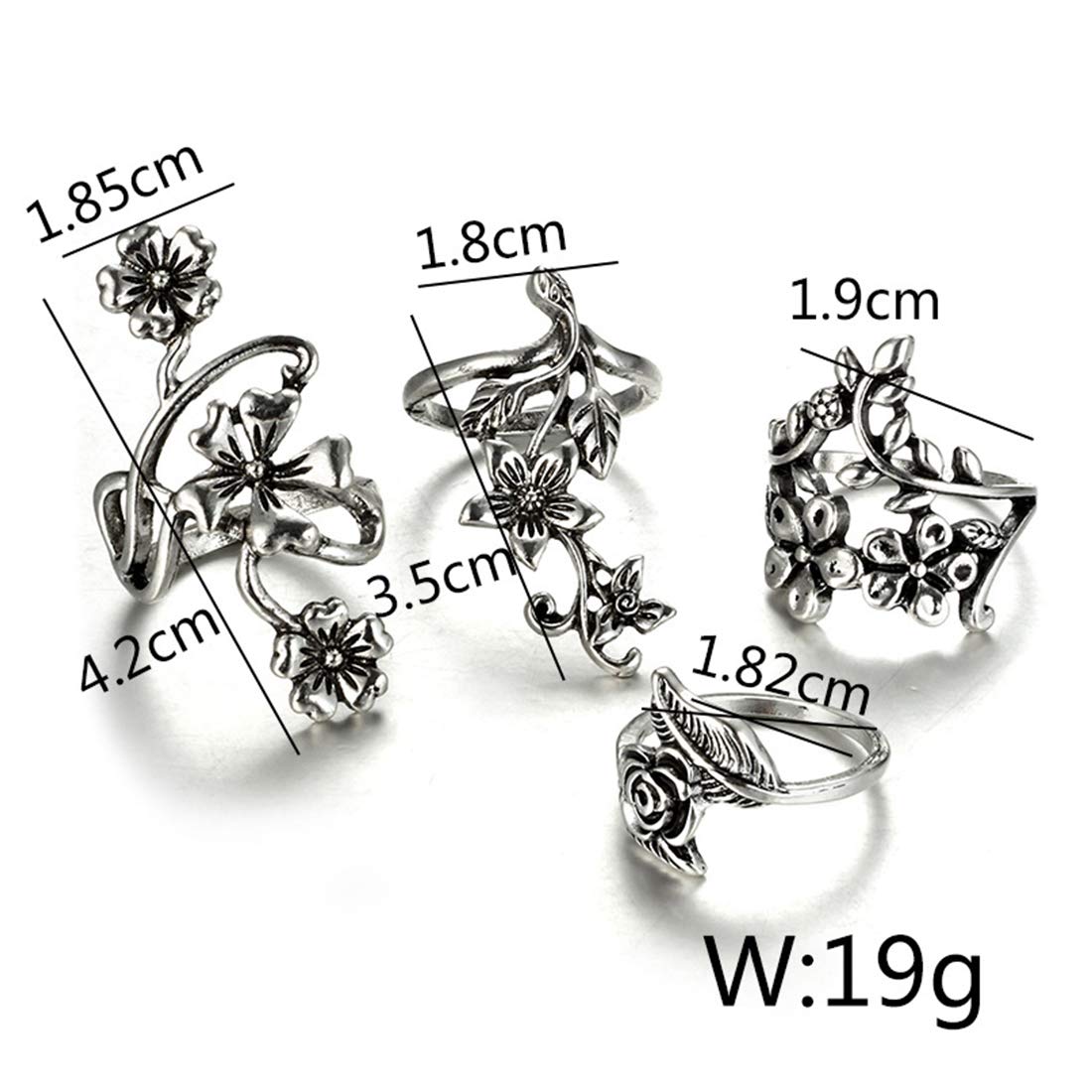 Yellow Chimes Oxidised Rings for Women 4 Pcs Ring Set Boho Vintage Leaves & Rose Floral Shaped Oxidised Silver Plated Rings For Women and Girl's.
