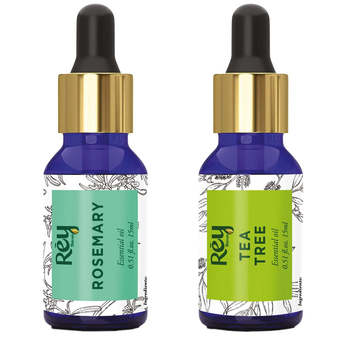 Rey Naturals® tea tree oil & Rosemary essential oils - Pure 100% Natural for Healthy Skin, Face, and Hair (15 ml + 15 ml)