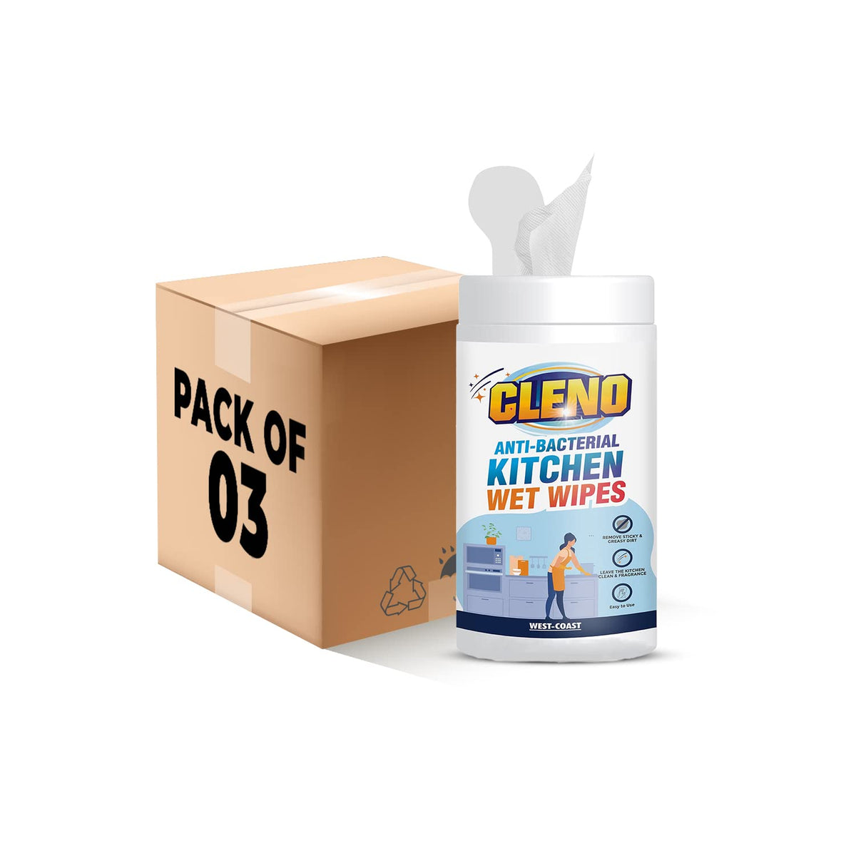Cleno Kitchen Wet Wipes to Clean Sticky, Greasy Dirt on Platform, Shelves, Jars, Floor & Sink - 50 Wipes (Ready to Use) (Pack of 3)