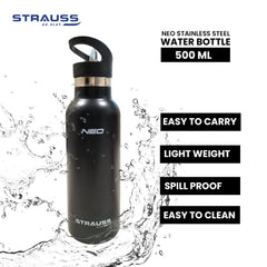 Strauss Neo Stainless Steel Water Bottle | Ideal for Gym, Home, Office, Sports, Kitchen &Travel | Leak Proof & Rust Free, 500 ml (Black)