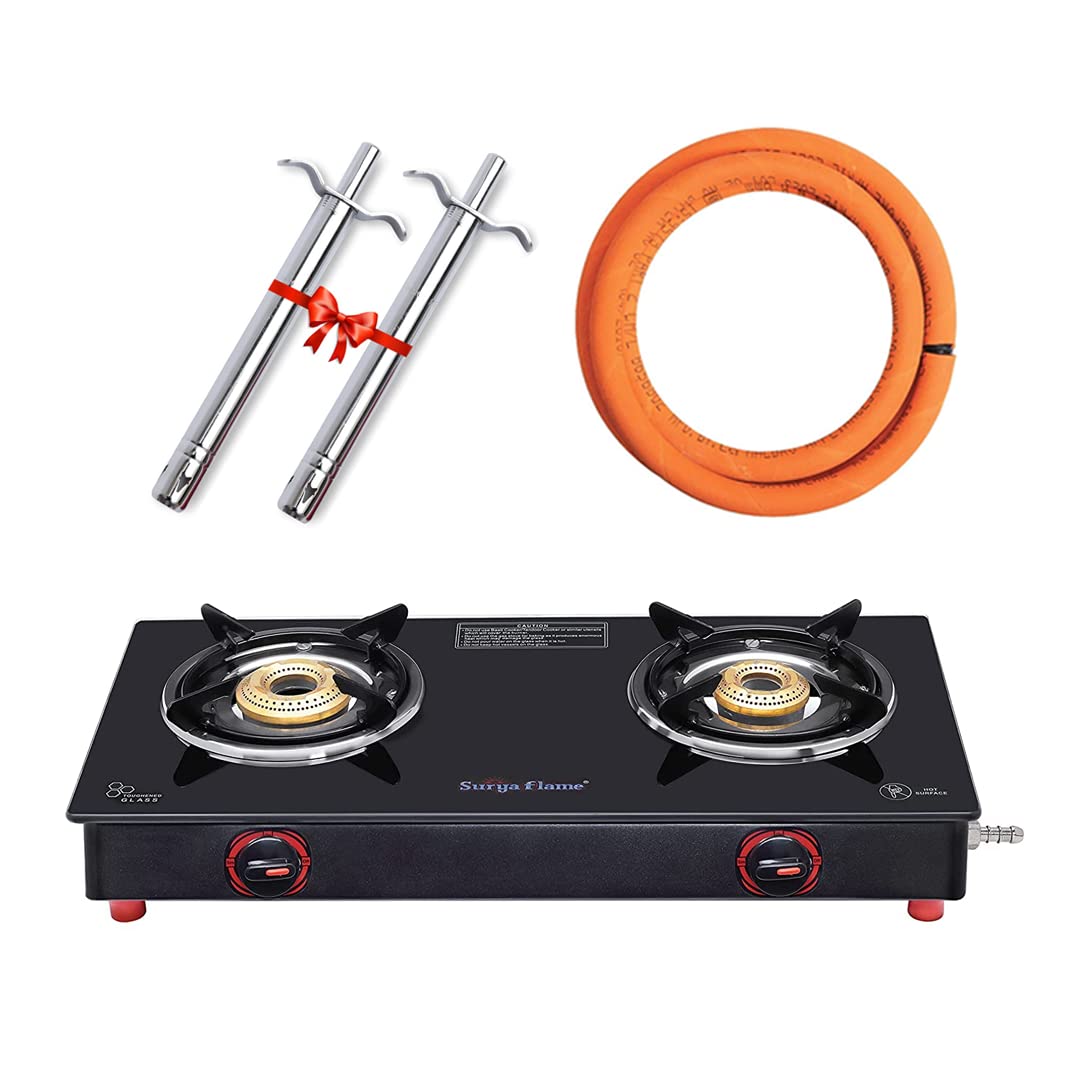 Surya Flame Smart Gas Stove 2 Burners Glass Top PNG Stove | LPG Gas Dual Layer Rubber Hose Pipe 1.5M | Chrome Stainless Steel Gas Lighter (Pack of 2)