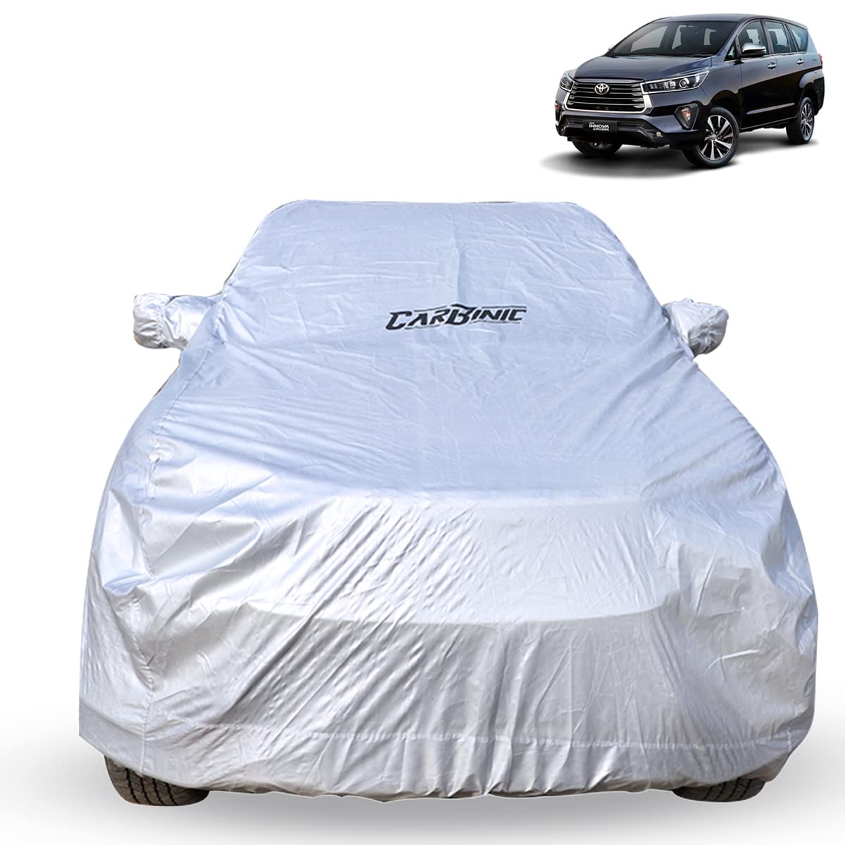 CarBinic Car Cover for Toyota Innova Crysta 2021 Water Resistant (Tested) And Dustproof Custom Fit UV Heat Resistant Outdoor Protection With Triple Stitched Fully Elastic Surface | Silver With Pockets