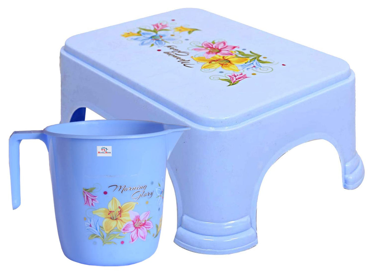 Heart Home Printed 2 Pieces Plastic Bathroom Stool & Mug Set (Blue)