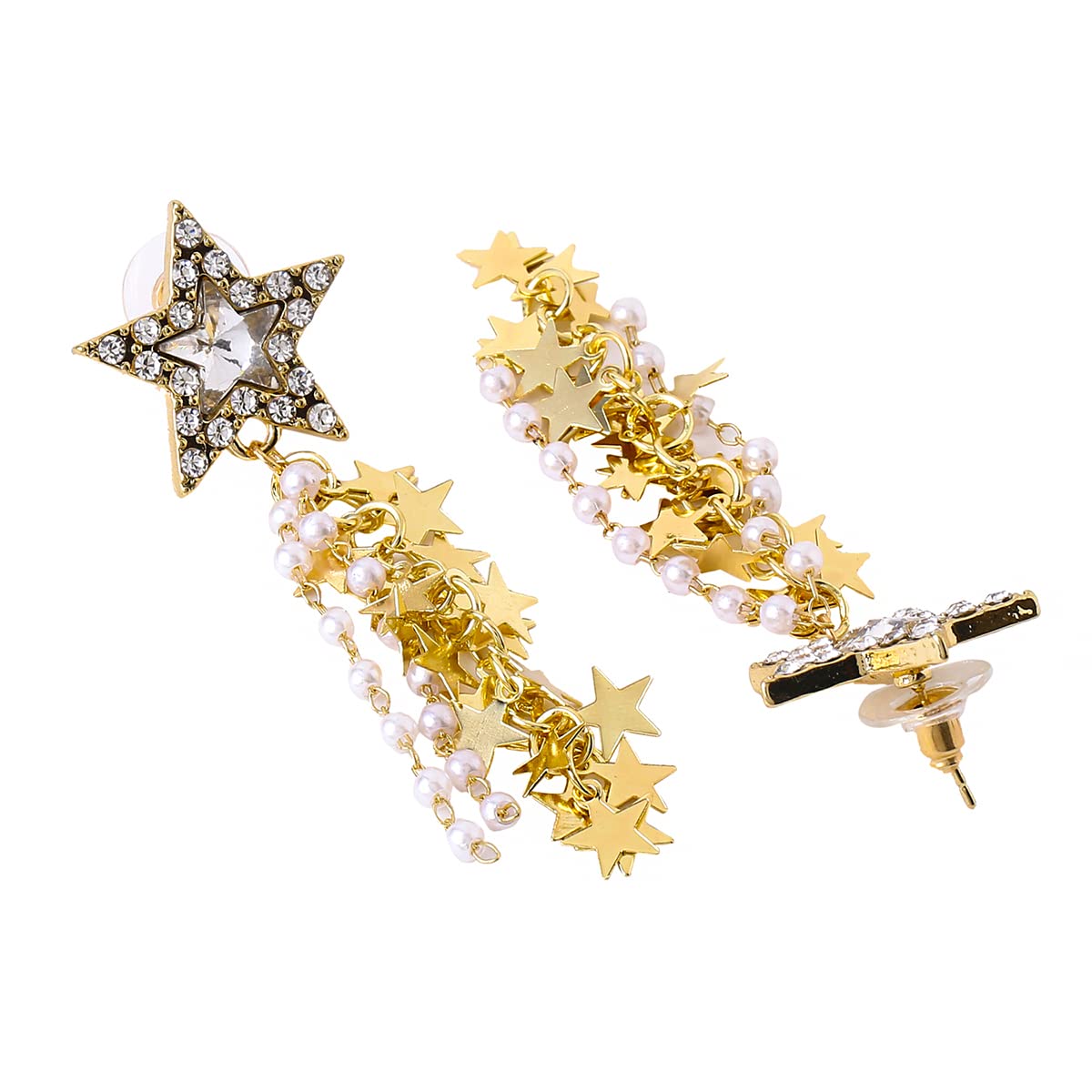 Yellow Chimes Earrings For Women Gold Tone Crystal Studded Star Long Multilayer Chain Tassel Pearl Drop Dangler Earrings For Women and Girls