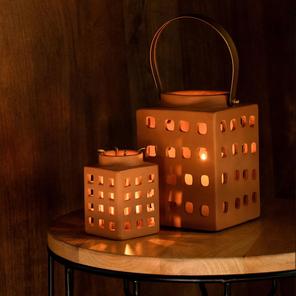 Ellementry Lupa Square Terracotta Lantern (Large) | Candle Tealight Holder for Balcony and Garden | Hanging Lamps for Home Decoration | Aesthetic Lalten for Vintage Christmas Decor and Corporate Gifts