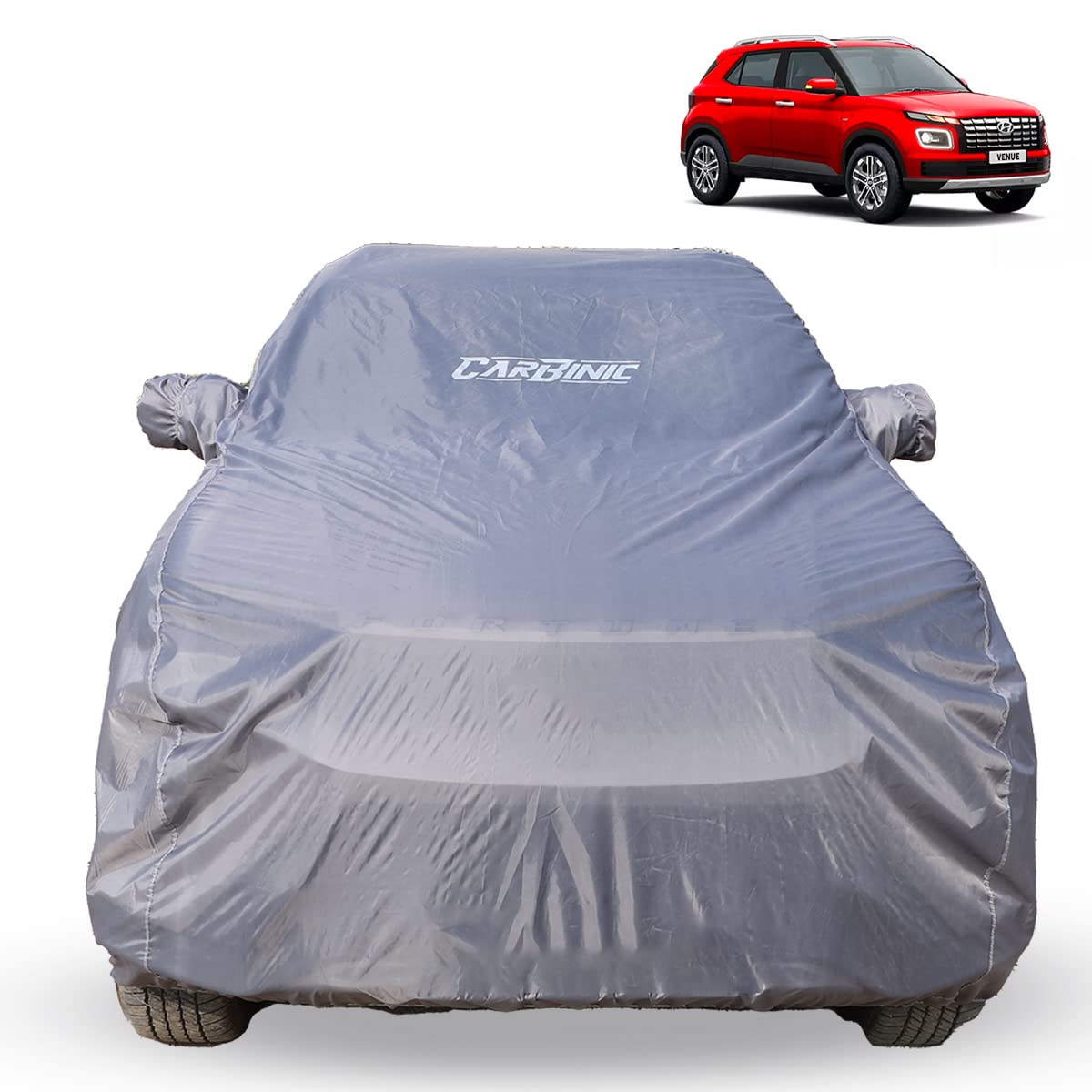 CARBINIC Car Body Cover for Hyundai Venue 2019 | Water Resistant, UV Protection Car Cover | Scratchproof Body Shield | Dustproof All-Weather Cover | Mirror Pocket & Antenna | Car Accessories, Grey