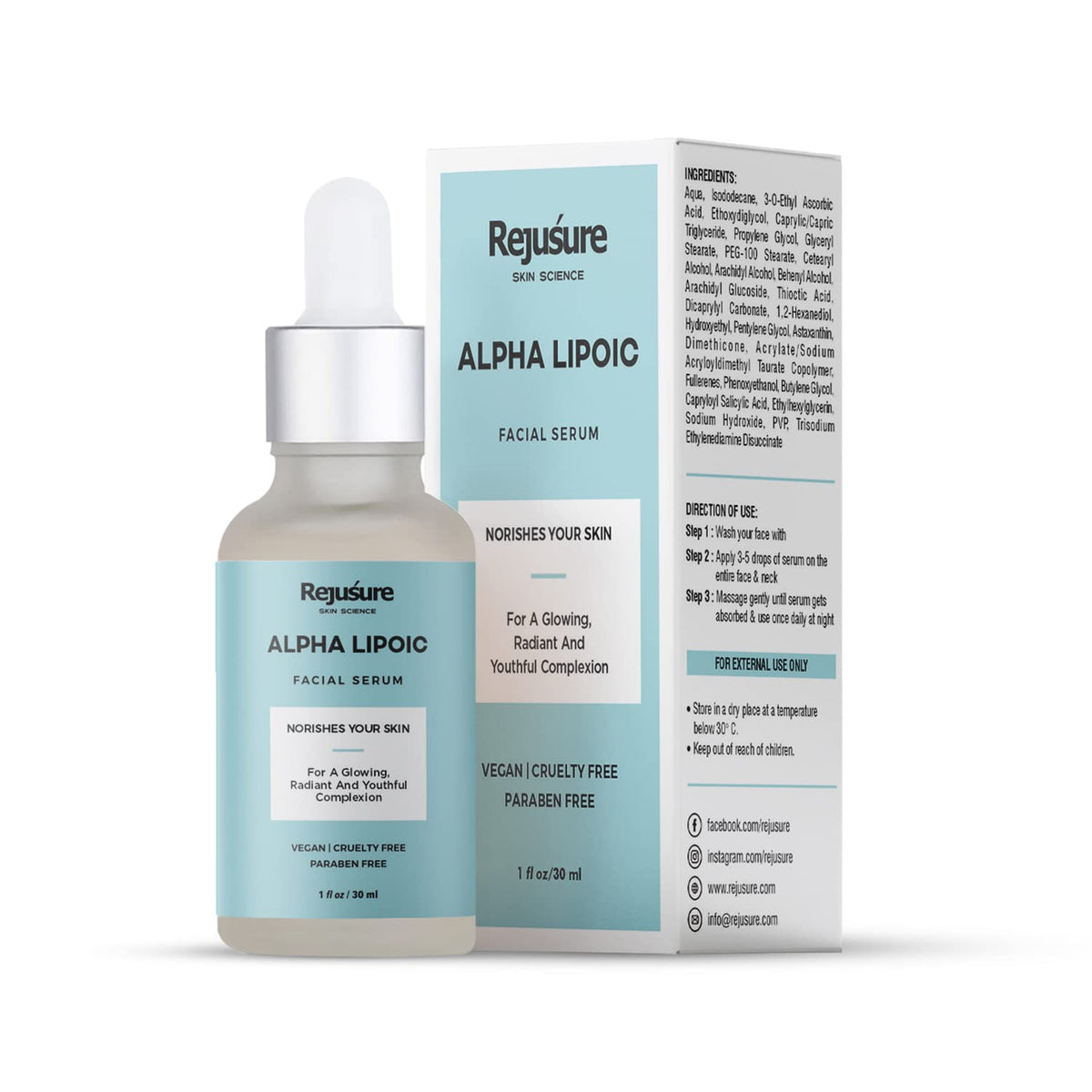 Rejusure Alpha Lipoic (ALA) Face Serum for Brighten & Even Skin Shade | All Skin Types | For Men & Women | Cruelty Free & Dermatologist Tested – 30 ml