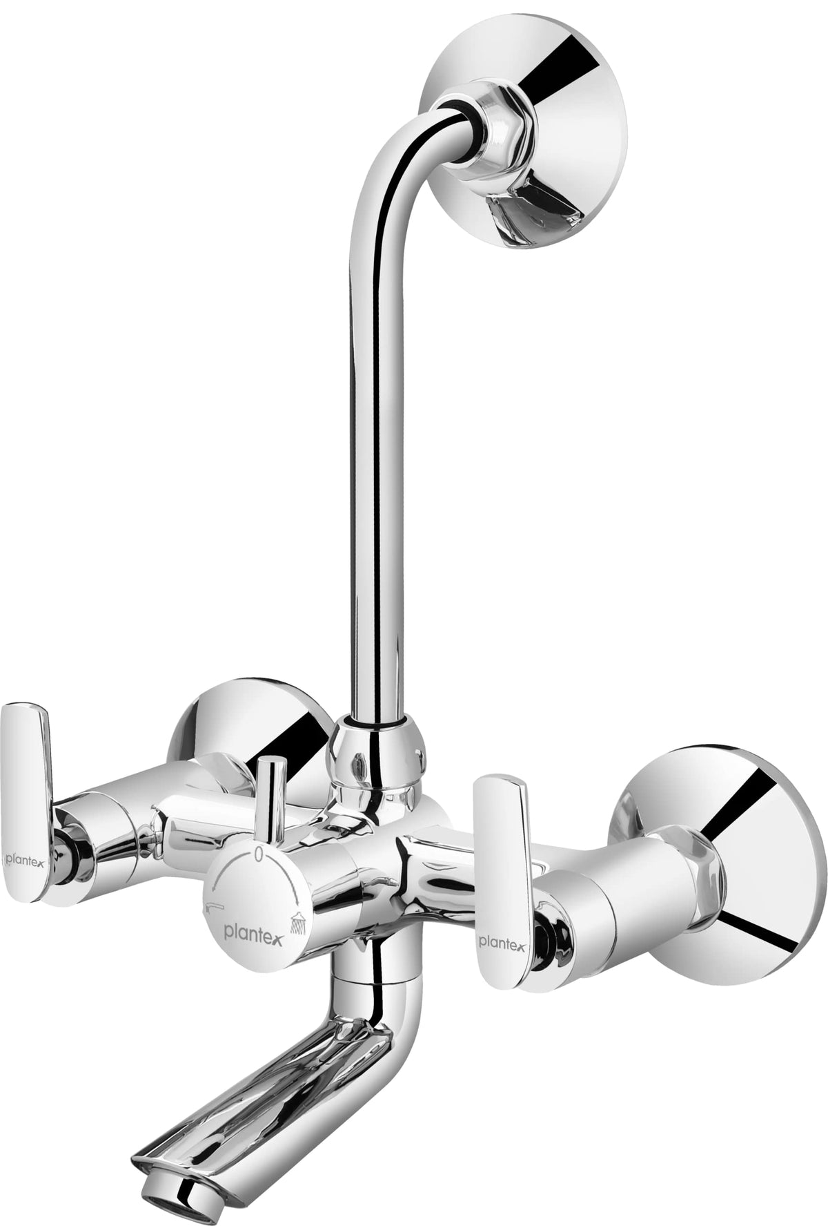 Plantex BAL-518 Pure Brass 2-In-1 Wall Mixer With Bend For Arrangement Of Overhead Shower/Hot & Cold Tap For Bathroom With Brass Wall Flange & Teflon Tape - Wall Mount (Mirror-Chrome Finish)