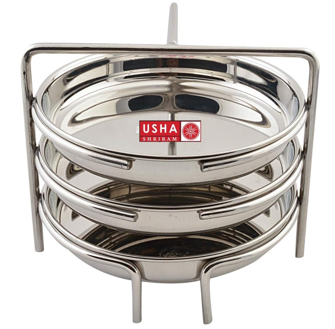 USHA SHRIRAM Stainless Steel Round Idli Plates Set And Dhokla Plate Set (3 plate dhokla stand)| Dhokla Stand | Dhokla Plate Only | Thattu Idli Plate | Idli and Dhokla Maker | Khaman Dhokla Plate