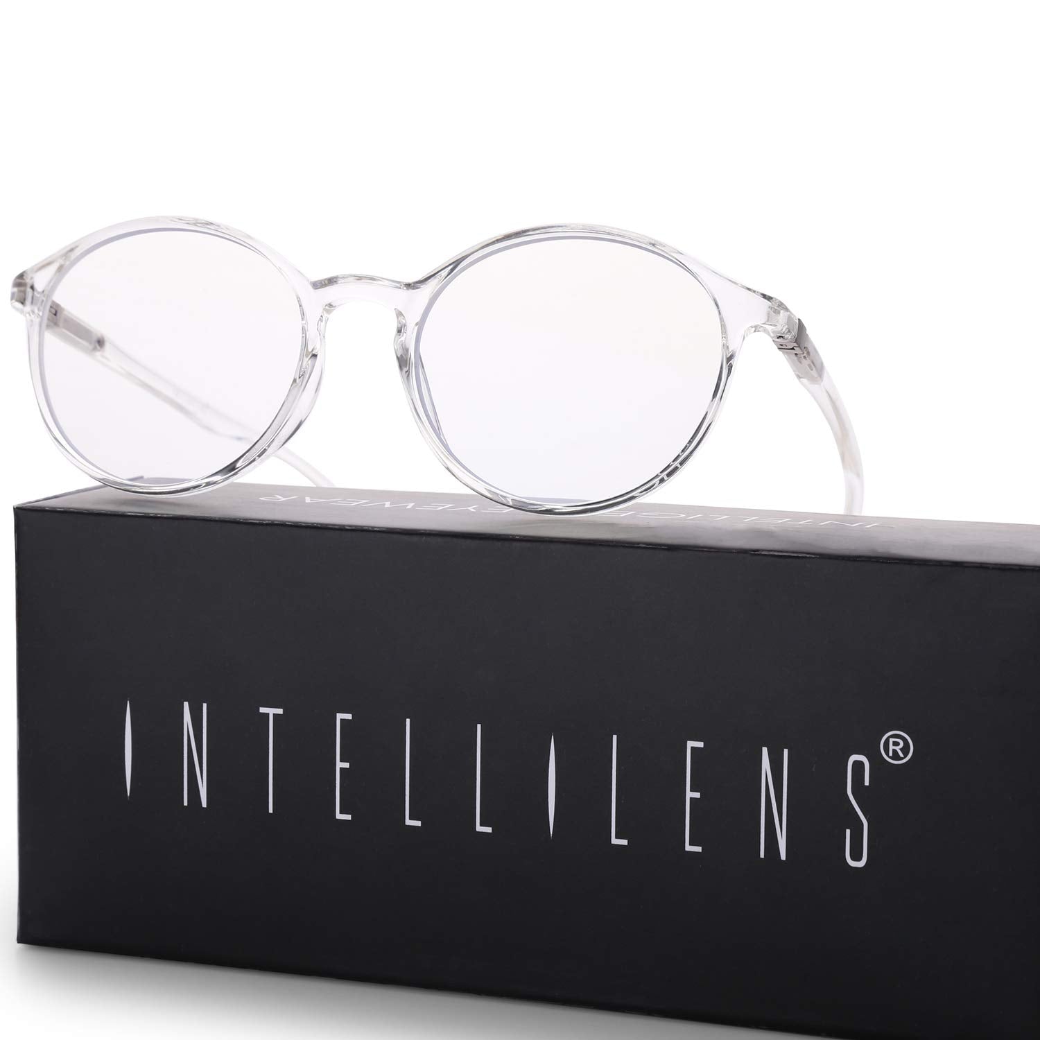 Intellilens Round Blue Cut Computer Glasses for Eye Protection | Zero Power, Anti Glare & Blue Light Filter Glasses | UV Protection Specs for Men & Women | TR90 Frames & CR39 Blue Cut Lens (Transparent)